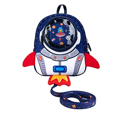 JiePai Toddler Kids Backpack with Safety Harness Leash,Waterproof 3D Cartoon Boys/Girls Backpack Lightweight Cute Animal Backpack for Travel/Nursery/Kindergarten/Preschool,Age 1-3 Rocket Backpack