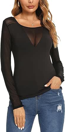 Womens Long Sleeve Mesh Top Sexy See Through Sheer Blouse Black Mesh Shirts Clubwear