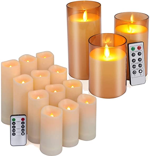 Waterproof Outdoor Indoor Candles Set of 12 Bundle with Battery Operated Candles Pack of 3(D: 3"x H: 4"5"6") LED Candles Made of Unbreakable plexiglass