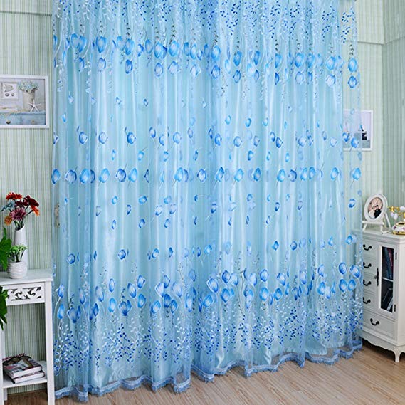 Daxin Tulip Flower Sheer Window Curtain Beads Tassel Door Scarf Drapes Valance Blue with beads