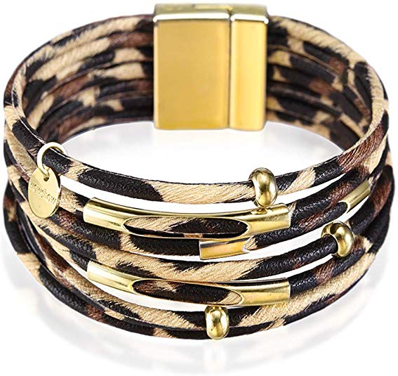 wowshow Leopard Leather Bracelet for Women Multilayer Wrap Bracelet Wide Cuff with Magnetic Clasp