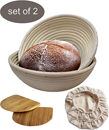 Round Bread Proofing Baskets | Artisan Wicker Cane Brotform for Batard Sourdough with Dough Scraper and Liner by Made Terra Baking Tools (10" Round (2 Pack))