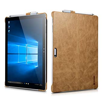 Surface Pro 4 Case, Icarercase Luxury Series Genuine Leather Back Cover with Pen Holder and Stand Function for Microsoft Surface Pro 4 12.3 Inch, Compatible with Surface Pro 4 Original Keyboard（Beige Brown）