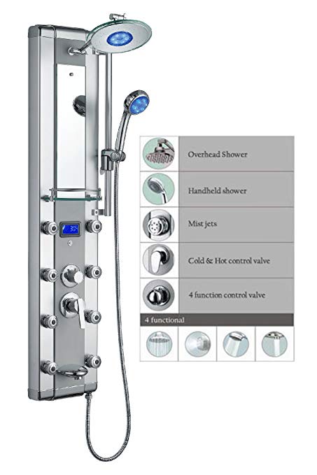Blue Ocean 52” Aluminum SPA33D Shower Panel Tower with Rainfall Shower Head, 8 Mist Nozzles, and Tub Spout