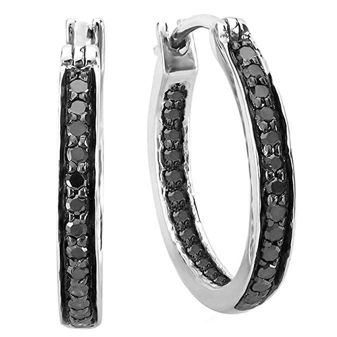 Dazzlingrock Collection 0.38 Carat (ctw) Round Black Diamond Fine In and Out Huggie Hoop Earrings 3/8 CT, Sterling Silver