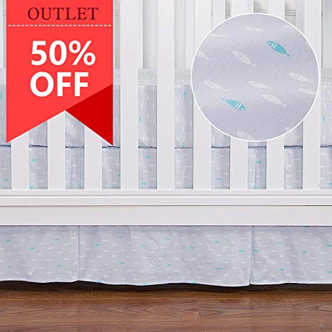 TILLYOU Pleated Crib Skirt, Light Blue Fish Pattern, 100% Natural Cotton, Nursery Crib Bedding Skirt for Baby Boys and Girls 14" Drop