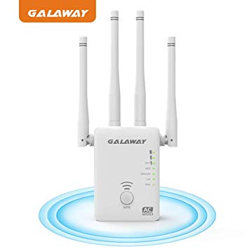 GALAWAY Upgraded AC1200 Dual Band WiFi Range Extender Wireless Repeater Internet Signal Booster with 4 High Power External Antennas 2 Ethernet Ports for Whole Home WiFi Coverage