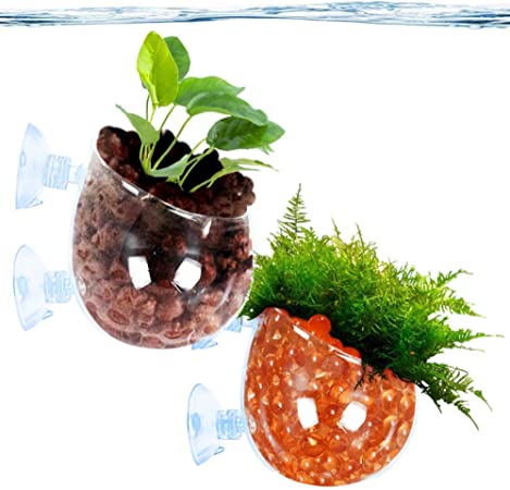 SunGrow 2-Pack Crystal Aquatic Plant Pot with Suction Cups, Aquarium Plant Holder Cup for Aquaponic Fish & Shrimp Tank Décor, Suction Cup Window Planter Creates Floating Illusion in Aquarium