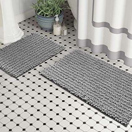 Zebrux Non Slip Thick Shaggy Chenille Bathroom Rugs, Bath Mats for Bathroom Extra Soft and Absorbent - Striped Bath Rugs Set for Indoor/Kitchen (20 x 30   15 x 23'', Light Grey)