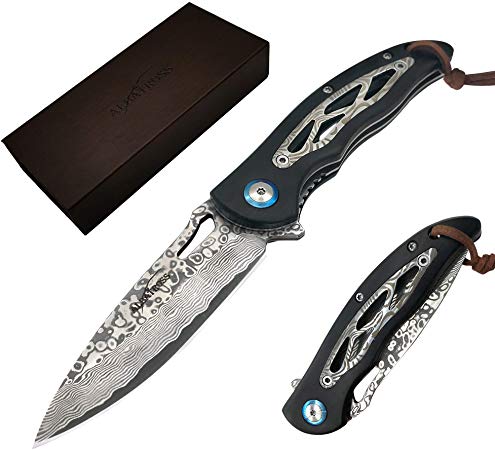 ALBATROSS 7'' Handmade VG10 Damascus Steel Folding Pocket Knife, Ebony wood Handle & Lanyards,Great EDC Knives(HGDK009)