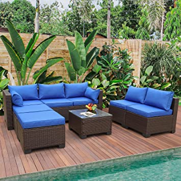 Outdoor PE Brown Rattan Furniture Set 6 Piece Patio Wicker Sectional Sofa Chair with Royal Blue Cushion