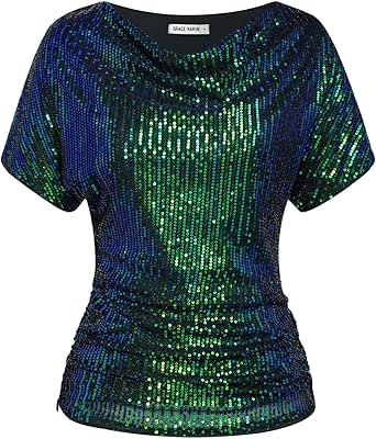 GRACE KARIN Women 2024 Summer Sequin Top Cowl Neck Batwing Sleeve Ruched Sparkly Glitter Party Blouse