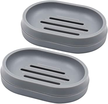 Topsky Soap Dish, 2 Pack Dual-Layer Draining Soap Tray, Soap Holders for Bathroom Kitchen Sink, Grey (Plastic)