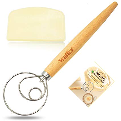 WALFOS Stainless Steel Danish Dough Whisk for Bread Making - Kitchen Grade Hand Mixer and Blender for Baking Cake, Dessert, Sourdough, Pizza, Pastry -Dough Scraper Included