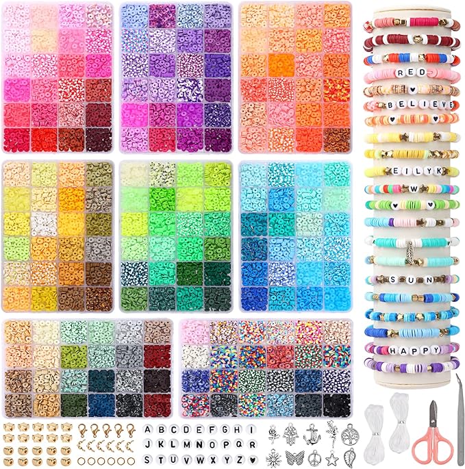 QUEFE 15360pcs, 192 Colors Clay Beads for Bracelet Making Kit Flat Round Polymer Spacer Heishi Beads Jewelry with Pendant Charms Letter and Elastic Strings