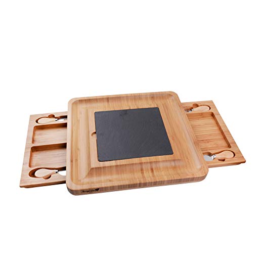2-In-1 Bamboo and Slate Cheese Board, Charcuterie Platter and Slate Serving Board with Knives and Removable Slate - Finished in Vegetable Oil Coating for Christmas Wedding Birthday Anniversary