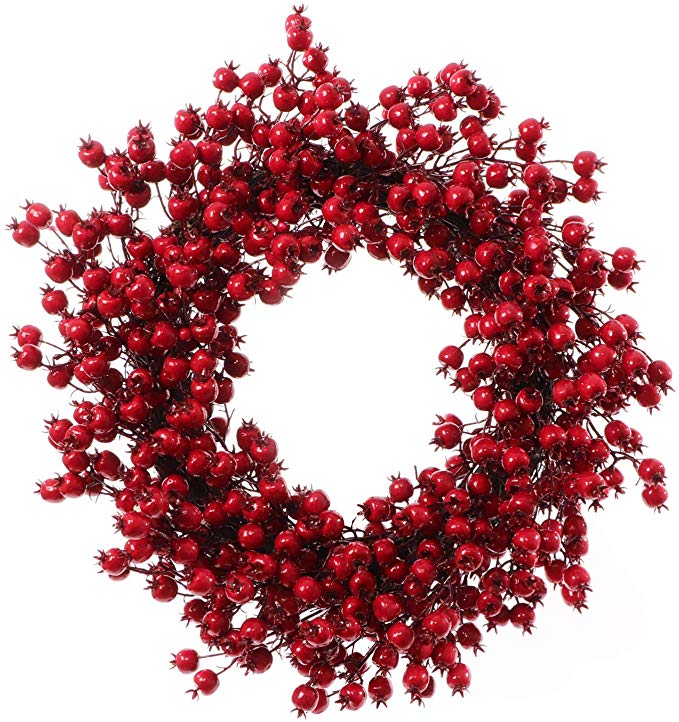 Larksilk 24" Red Berry Wreath; 24-Inch Hawthorn Twig Berries Holiday Decorative Winter Christmas Wreath for Front Door, Fireplace, Mantel, Xmas Décor