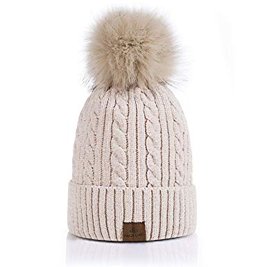 PAGE ONE Women Winter Pom Pom Beanie Hats Warm Fleece Lined,Chunky Trendy Cute Chenille Knit Twist Cap