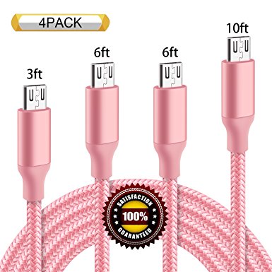 BULESK Micro USB Cable 4Pack 3FT 6FT 6FT 10FT 5000  Bend Lifespan Premium Nylon Braided Micro USB Charging Cable Samsung Charger Cord for Samsung Galaxy S7 Edge/S7/S6/S4/S3,Note 5/4/3 (Pink)