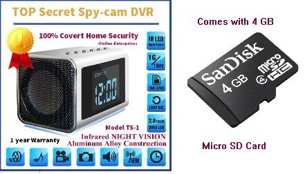 TOP Secret Spy Camera Mini Clock Radio w/4Gb Sd Card included. Hidden DVR- Continuous power or battery power. No need for a PC. FF and RR right on screen. Turn off screen and keep on recording silently with no flashes or sounds. Use it to catch a thief, watch construction crews in your house or just monitor the driveway. By Online-Enterprises