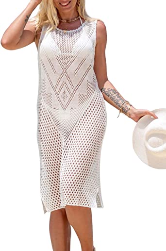 Bsubseach Women Lace Up V Neck Long Sleeve Crochet Swimsuit Cover Up Dress