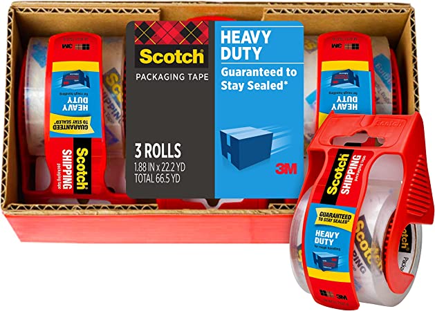 Scotch Heavy Duty Packaging Tape, 1.88" x 22.2 yd, Designed for Packing, Shipping and Mailing, Strong Seal on All Box Types, 1.5" Core, Clear, 3 Rolls with Dispenser (142-3)