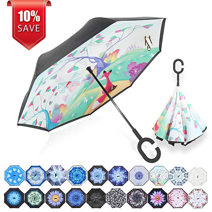 ZOMAKE Double Layer Inverted Umbrella Cars Reverse Umbrella, UV Protection Windproof Large Straight Umbrella for Car Rain Outdoor With C-Shaped Handle