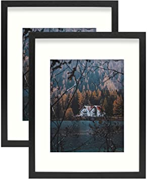 Frametory, Frame with Ivory Mat for Photo - Smooth Wood Grain Finish - Sawtooth Hangers, Real Glass - Landscape/Portrait, Wall Display (Black, 11x14 Frame for 8x10 Photo, 2-Pack)