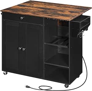 HOOBRO Kitchen Island with Storage, Rolling Kitchen Island with Folding Drop Leaf, Charging Station, Spice Rack, Drawer, Mobile Kitchen Island On Wheels, for Kitchen, Black and Rustic Brown BF95UZD01