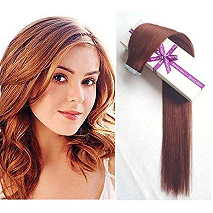 Dark Auburn Hair Extensions Tape in Human Hair, Copper Red #33 Silky Straight Real Remy Tape in Hair Extensions (18inch=40g 20pcs/pack #33)
