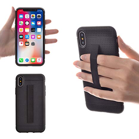 TFY Phone Case Compatible with iPhone X Case Cover with Elastic Strap Holder, Black