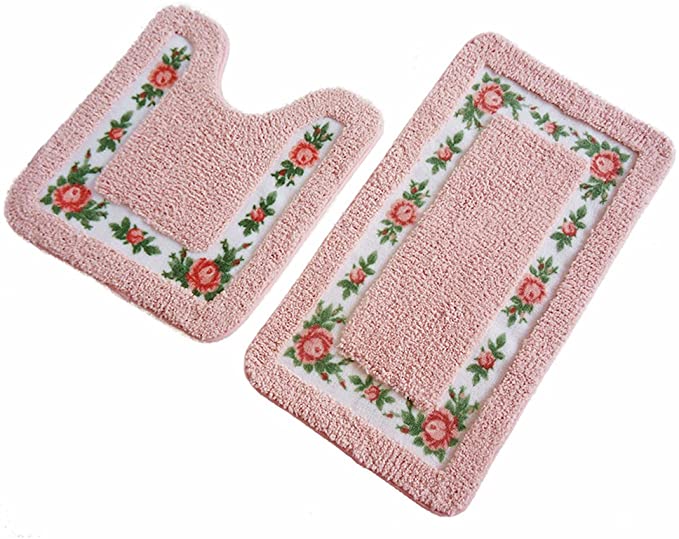 Ukeler Non-Skid Floral Rose Bathroom Contour Rugs, Set of 2 Soft Shaggy Non Slip Bath Shower Mat and U-Shaped Toilet Floor Rugs, Pink