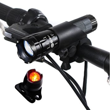 Sunspeed Rechargeable LED Bike Light Set - LED Bright Headlight with FREE Tail Safety Light, Easy to Mount - FREE 18650 Batteries Included - 100% No-hassle Replacement Guarantee