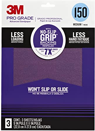 3M 25150P-G Pro Grade No-Slip Grip Advanced Sandpaper, 9 X 11-Inches, 150 Grit. 3/Pack (Renewed)