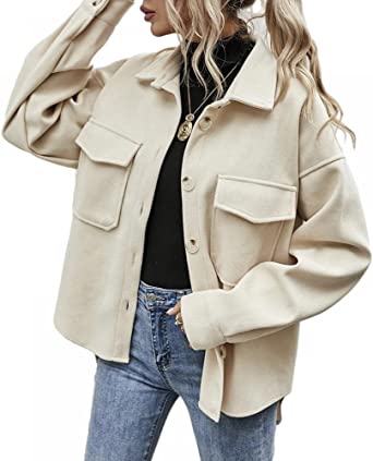 Womens Long Sleeve Button Down Shackets Fleece Jackets Fall Winter Casual Lapel Pea Coat Outwear Flap Pockets