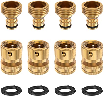 Tikola 3/4 Inch Brass Garden Hose Fitting Quick Connect, Male and Female Water Hose Connectors（4 Sets）