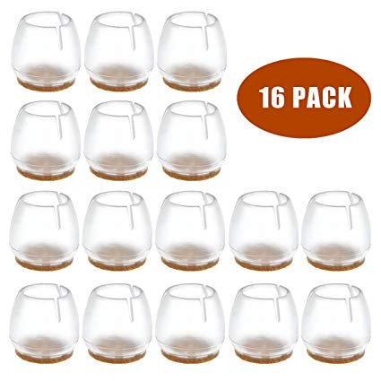 Chair Leg Caps Round, WarmHut 16pcs Transparent Clear Silicone Table Furniture Leg Feet Tips Covers, Felt Pads, Prevent Scratches, Wood Floor Protector (Round)