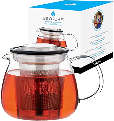 GROSCHE Waterloo Glass Personal Teapot for One with Laser etched t 18-8 Stainless Steel Infuser 570 ml 19.3 fl. oz.