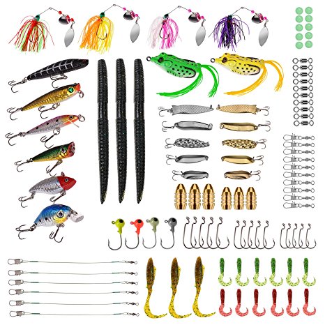 PLUSINNO® Fishing Lures Tackle, 102Pcs Including Frog Lures, Hard Lures, Crankbaits, Spinnerbaits, Spoon Lures, Soft Lures, Popper, Crank, Tackle Box and More Fishing Gear Lures Kit Set
