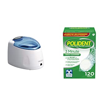 iSonic F3900 Ultrasonic Denture/Aligner/Retainer Cleaner, 110V 20W, White, 0.4Pt/0.2L & Polident 3-Minute Antibacterial Denture Cleanser - Mint, 3 Minute Whitening, 120 Count