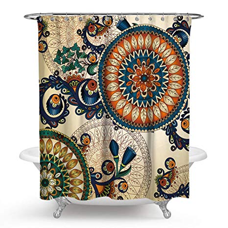PHNAM Mandala Shower Curtain with Hooks 72x72 Inches Extra Long Waterproof Decoration Polyester Cloth Bath Curtains Sets for Bathroom, Bathtub (E)