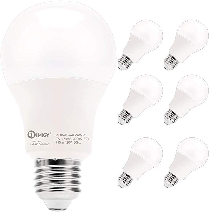 LED Light Bulbs, IMIGY Non-Dimmable A19 Frosted Light Bulb, High Efficient LED with 750 Lumen, 3000 Kelvin, 9 Watt 60 Watt Equivalent, Soft White LED E26 Base, 6 Pack