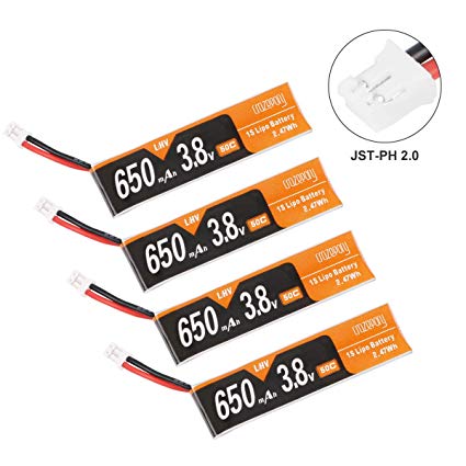 Crazepony 4pcs 650mAh 1S Battery 4.35V HV LiPo Battery JST-PH 2.0 PowerWhoop mCPX Connector for Inductrix FPV Plus 75mm Frame Kit Micro FPV Drone