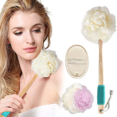 Shower Body Brush Loofah Sponge for Exfoliating 3 in 1 Set Includes Long Handled Back Scrubber, Bath Sponge Luffa Ball and Natural Exfoliator Loofah Pad for Men & Women Body, Face and Spa Washing
