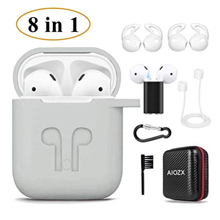 Airpods Case,AIOZX 8 in 1 Airpods Accessories Set Protective Silicone Cover Skin EVA Box Compatible Apple Airpods with Holder/Anti-Lost Strap/Cleaning Brush/Ear Hooks (Black Box&Gray Case)