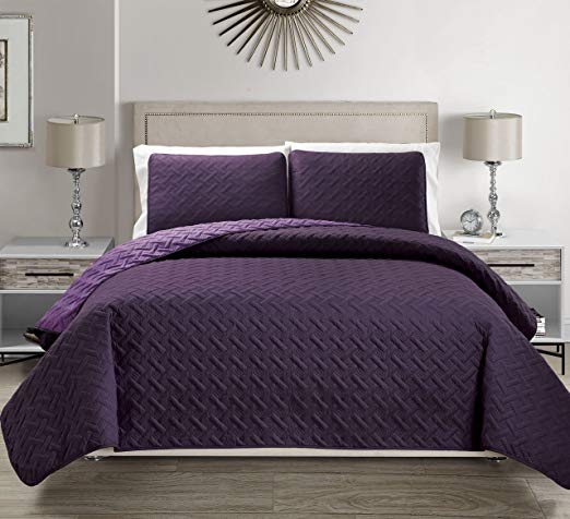 Embossed Purple Reversible Bedspread/Quilt Set King