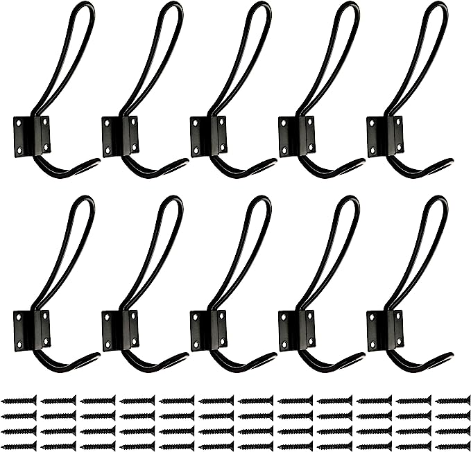 Rustic Entryway Hooks | 6 Pack of Black Wall Mounted Vintage Double Coat Hangers with Large Metal Screws Included