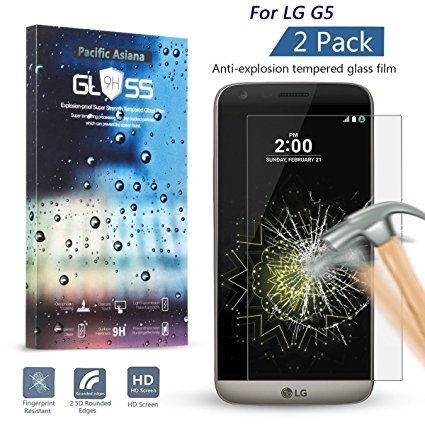 [2-Pack] LG G5 Screen Protector, Pacific Asiana 0.3mm (HD) Clear [Tempered Glass] Screen Cover Film, [9H Hardness] Ballistic Scratches Resistant Anti-fingerprints [Bubble Free] Skin Shield for LG G5
