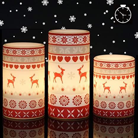 GenSwin Flameless Flickering Led Candles Battery Operated with 6 Hours Timer, Real Wax Pillar Candles Warm Light Love Deer Decal Decor Gift(Pack of 3)