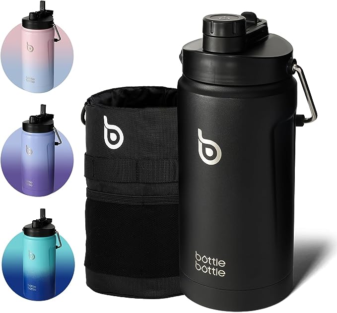 BOTTLE BOTTLE 2Litre Insulated Large Water Bottle with Straw and Dual-use Lid Half Gallon Double Wall Vacuum Water Jug Stainless Steel Big Water Bottle for Workout and Sports （Black）